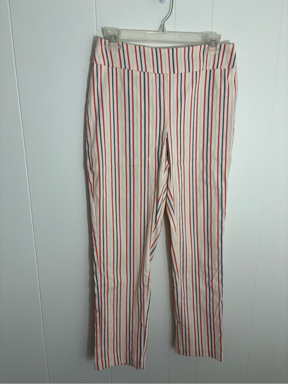 Women's White Straight-Leg Pants with Red & Blue Stripes